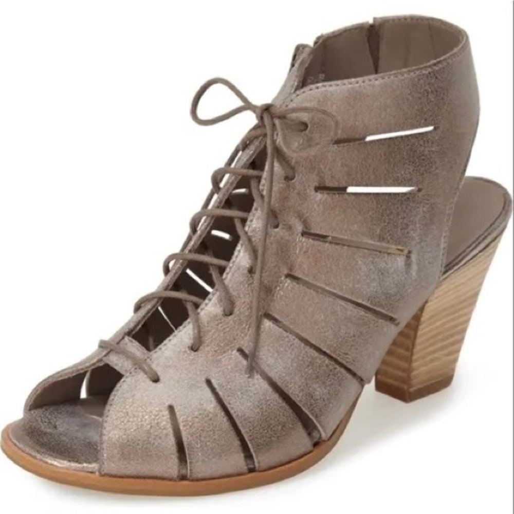 COSMO Paul Green Silver Metallic Cutout Leather Lace-up Peep Toe Ankle Bootie